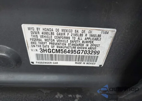 2005 Honda Accord 2.4 Lx из США, поврежденный, VIN 3HGCM56495G703299